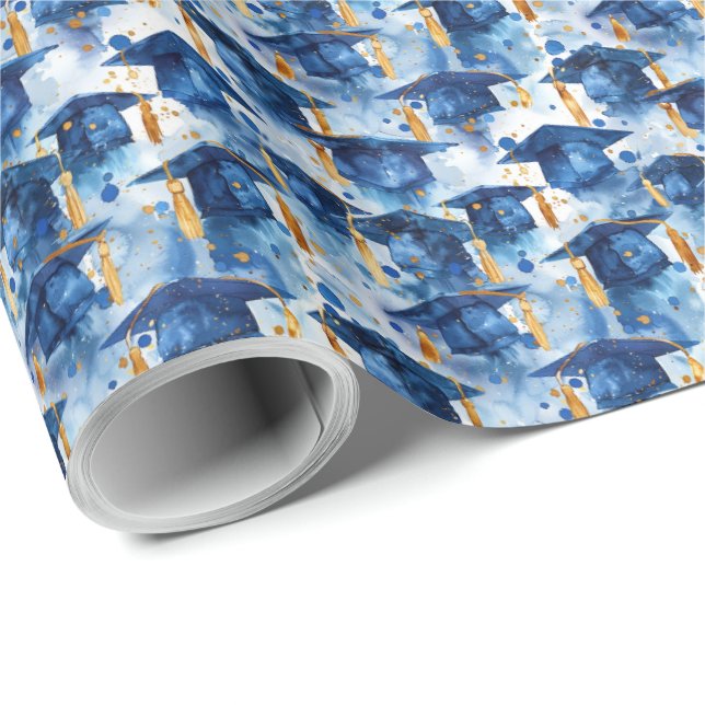 Blue and Gold Graduation Cap Geschenkpapier (Rolleneckpunkt)