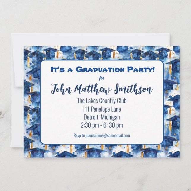 Blue and Gold Graduation Cap Party Einladungen (Vorderseite)