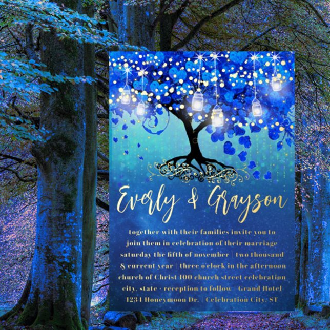 Blue and Gold Heart Leaf Tree Gold Hochzeit Folieneinladung (Von Creator hochgeladen)