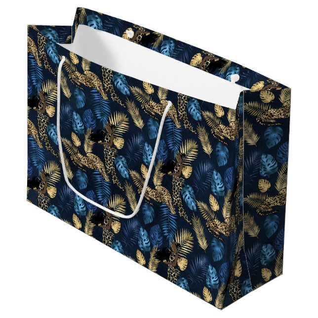 Blue and Gold Leopard Serie Design 8 Große Geschenktüte (Vorderseite Schrägansicht)