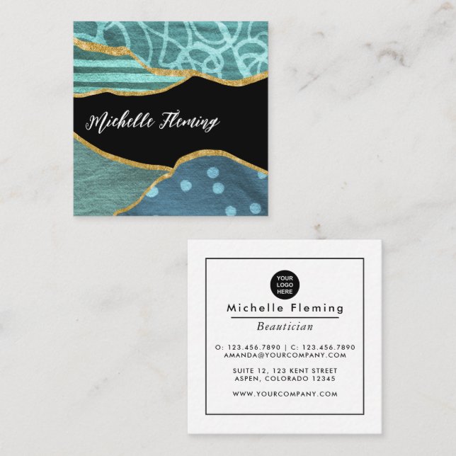 Blue and Gold Linen Fabric Denim Square Business S Quadratische Visitenkarte (Vorne/Hinten)