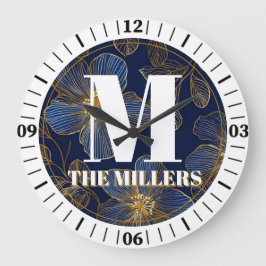 Blue and Gold Luxury Floral Wedding Invitation Große Wanduhr