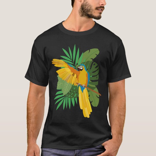 Blue and Gold macaw with leaves T-Shirt (Vorderseite)