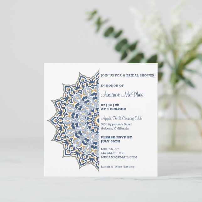 Blue and Gold Mandala Bridal Dusche Einladung (Stehend Vorderseite)