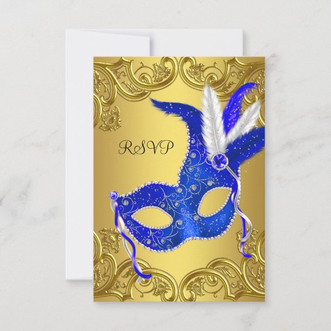 Blue and Gold Masquerade Party UAWG RSVP Karte (Vorderseite)