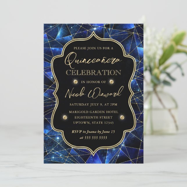 Blue and Gold Midnight Crystal Galaxy Quinceanera Einladung (Stehend Vorderseite)