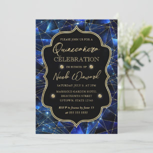 Blue and Gold Midnight Crystal Galaxy Quinceanera Einladung