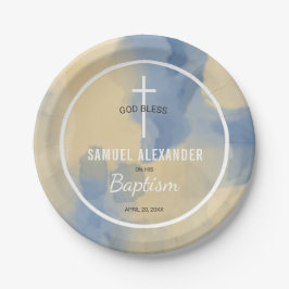 Blue and Gold Modern Watercolor Baby Boy Taufe Pappteller