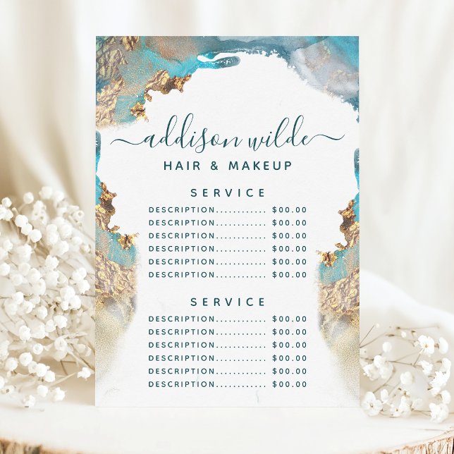 Blue and Gold Moderne Art Liquid Ink Service Preis Menükarte (Von Creator hochgeladen)