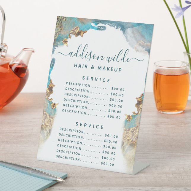 Blue and Gold Moderne Art Liquid Ink Service Preis Sockelschild (In Situ)