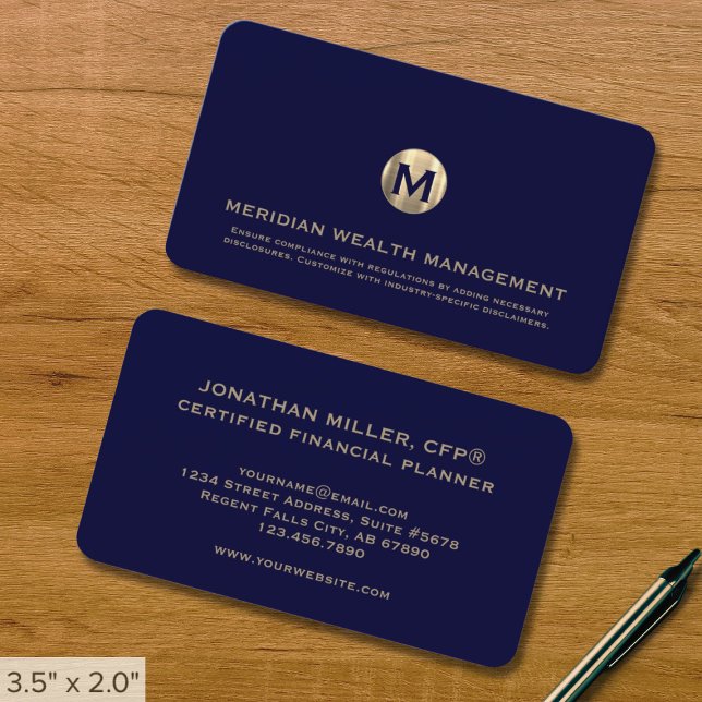 Blue and Gold Monogram Financial Business Card Visitenkarte (Von Creator hochgeladen)