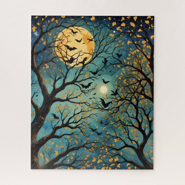 Blue and Gold Moon Bats bei Night Jigsaw Puzzle (Vertikal)
