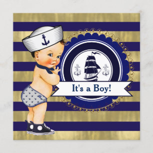 Blue and Gold Nautical Baby Dusche Einladung