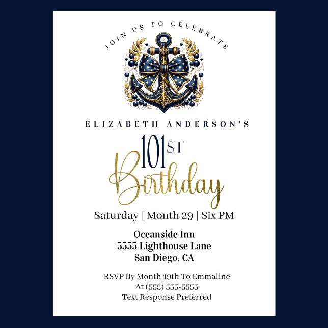 Blue and Gold Nautical Bow Anchor 101st Birthday Einladung (Blue and gold nautical 101st birthday invitation)
