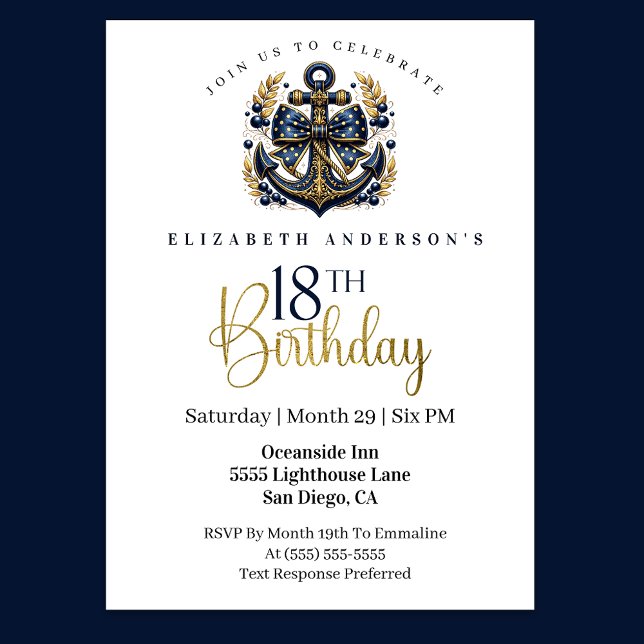 Blue and Gold Nautical Bow Anchor 18th Birthday Einladung (Navy blue and gold nautical anchor 18th birthday invitation)
