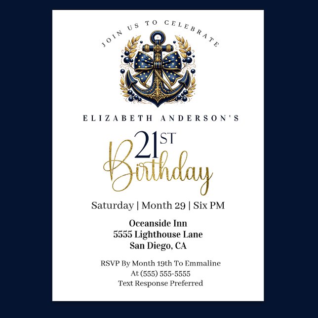 Blue and Gold Nautical Bow Anchor 21st Birthday Einladung (Navy blue and gold nautical 21st birthday invitation)