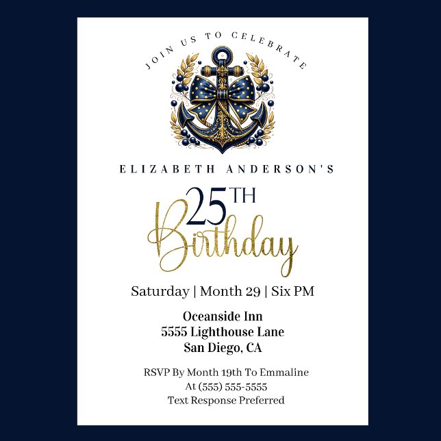 Blue and Gold Nautical Bow Anchor 25th Birthday Einladung (Blue and gold nautical anchor 25th birthday invitation)