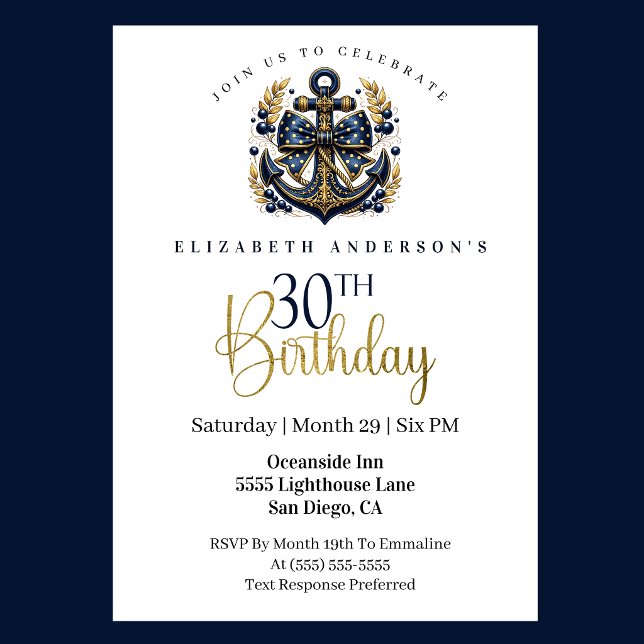 Blue and Gold Nautical Bow Anchor 30th Birthday Einladung (Blue and gold nautical anchor 30th birthday invitation)