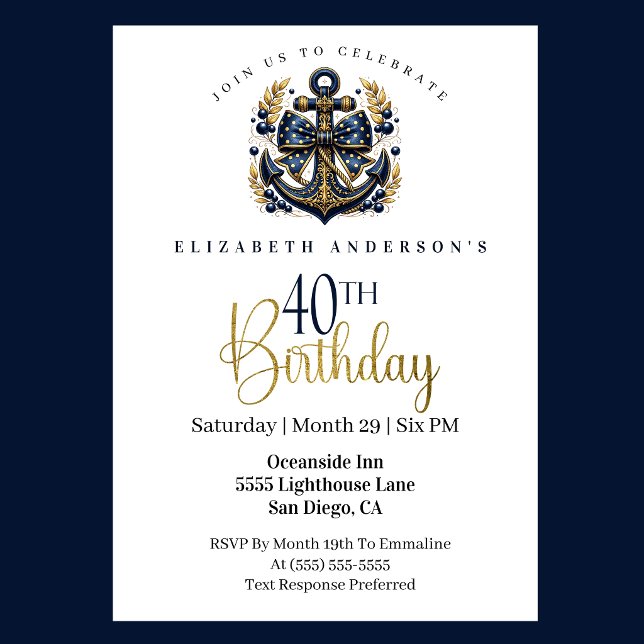 Blue and Gold Nautical Bow Anchor 40th Birthday Einladung (Blue and gold nautical anchor 40th birthday invitation)