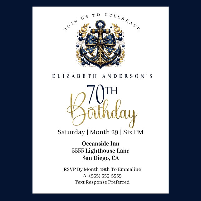 Blue and Gold Nautical Bow Anchor 70th Birthday Einladung (Blue and gold nautical 70th birthday invitation)
