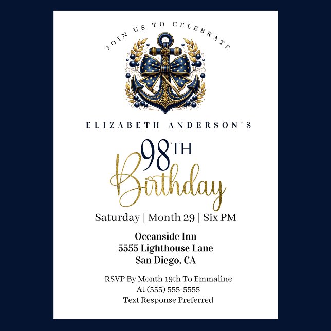 Blue and Gold Nautical Bow Anchor 98th Birthday Einladung (Blue and gold nautical 98th birthday invitation)