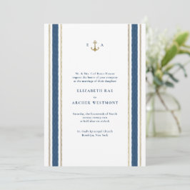 Blue and Gold Nautical Stripes Coastal Wedding Einladung