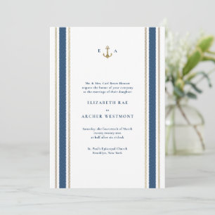 Blue and Gold Nautical Stripes Coastal Wedding Einladung