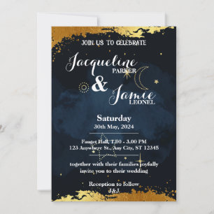 Blue and Gold Night Sky Illustrative Wedding Einladung