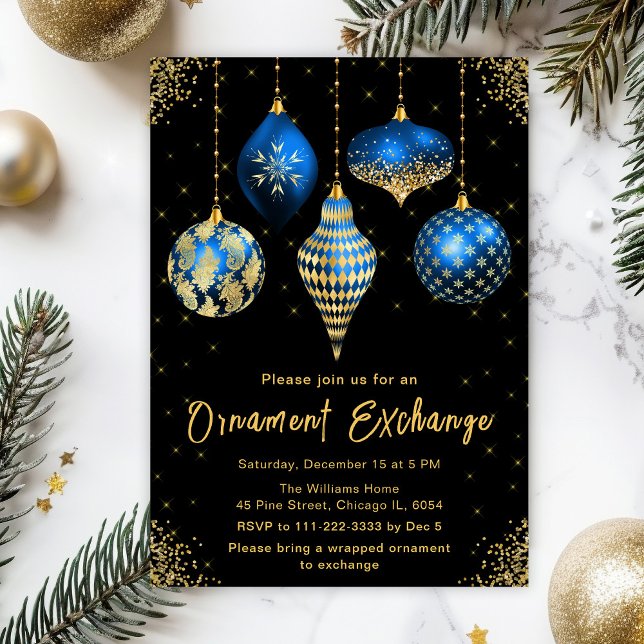 Blue and Gold Ornament Exchange Party Einladung (Von Creator hochgeladen)