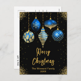 Blue and Gold Ornaments Merry Christmas Feiertagspostkarte
