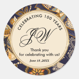 Blue and Gold Pattern 100. Geburtstag Vielen Dank Runder Aufkleber