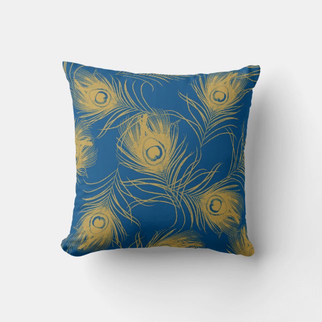 Blue and Gold Peacock Feather Kissen (Vorderseite)