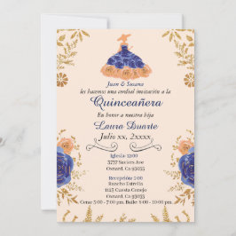 Blue and Gold Quinceañera Einladung Gold Blume
