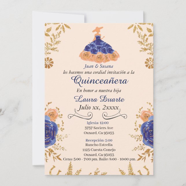 Blue and Gold Quinceañera Einladung Gold Blume (Vorderseite)