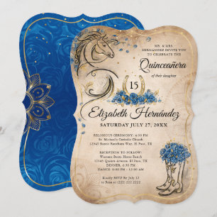 Blue and Gold Quinceanera Rustikales Pferd Geburts Einladung