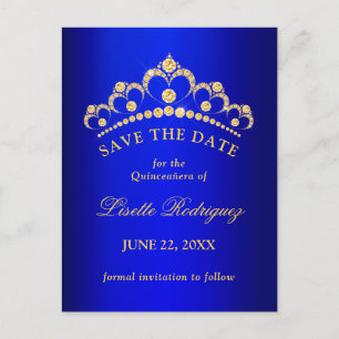 Blue and Gold Quinceanera Save the Date Postkarte