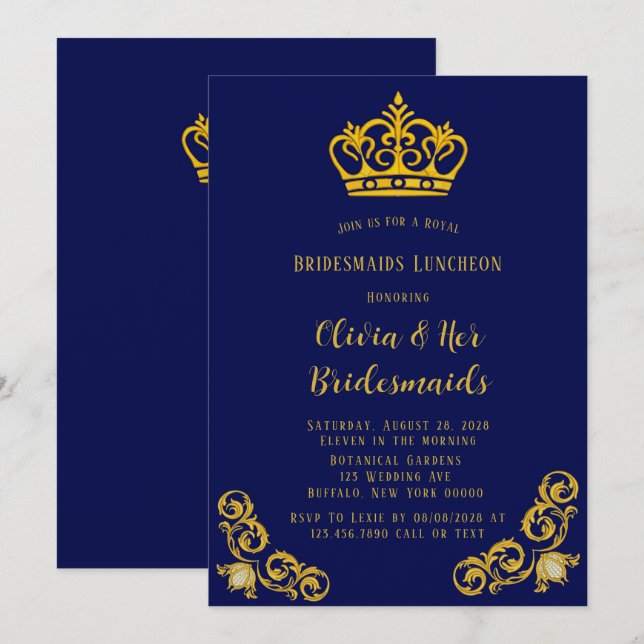Blue and Gold Royal Bridesmaids Luncheon Einladung (Vorne/Hinten)