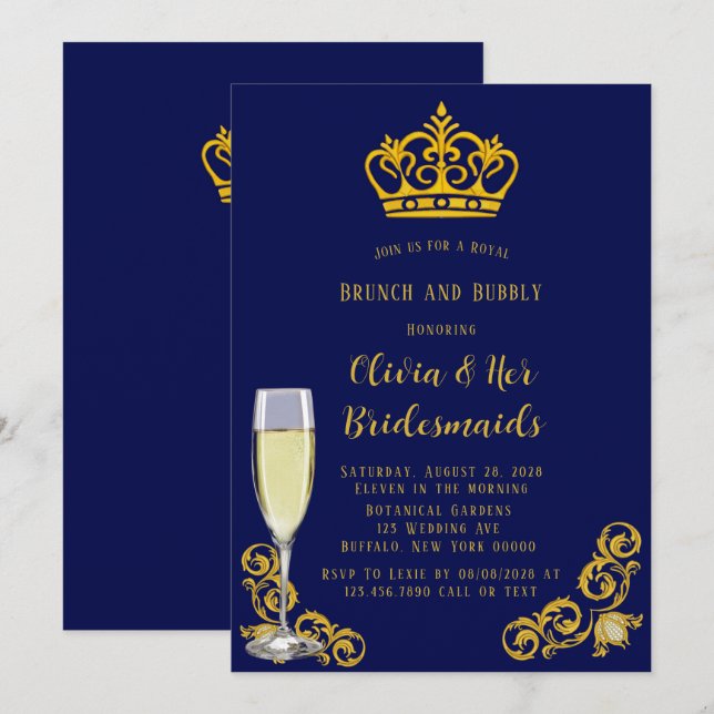 Blue and Gold Royal Crown Brunch und Bubbly Einladung (Vorne/Hinten)