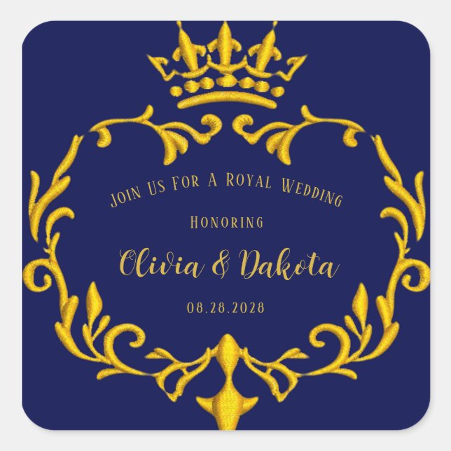 Blue and Gold Royal Crown Wedding Square Sticker (Vorderseite)