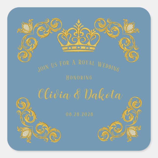 Blue and Gold Royal Crown Wedding Square Sticker (Vorderseite)