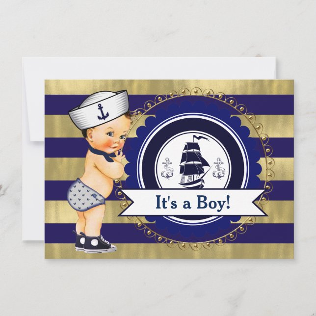 Blue and Gold Sailor Nautical Baby Dusche Einladung (Vorderseite)