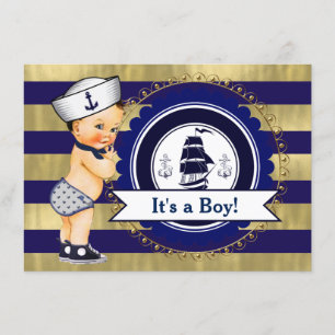 Blue and Gold Sailor Nautical Baby Dusche Einladung