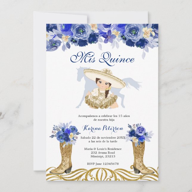 Blue and Gold Spanish Boot Charra Quinceanera Einladung (Vorderseite)