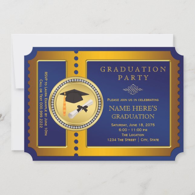Blue and Gold Ticket Graduation Party Einladung (Vorderseite)