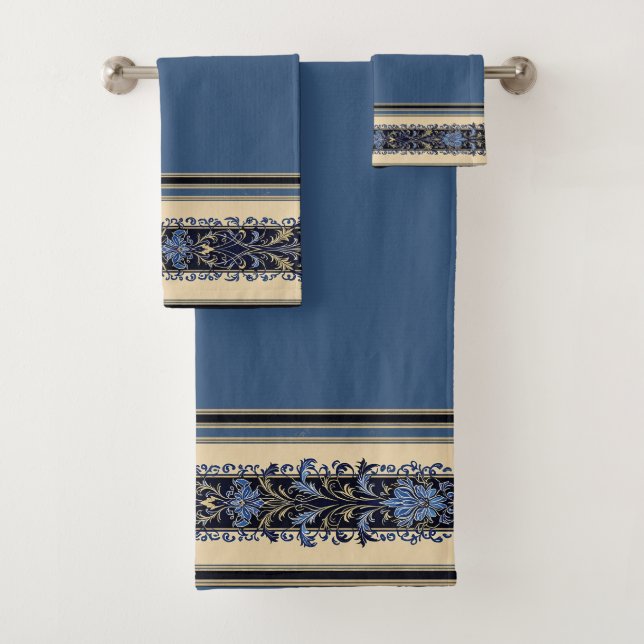 Blue and Gold Victorian Border Badhandtuch Set (Insitu)