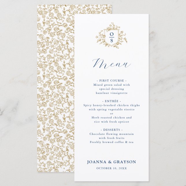 Blue and Gold Vintage Botanical Wedding Menükarte (Vorne/Hinten)