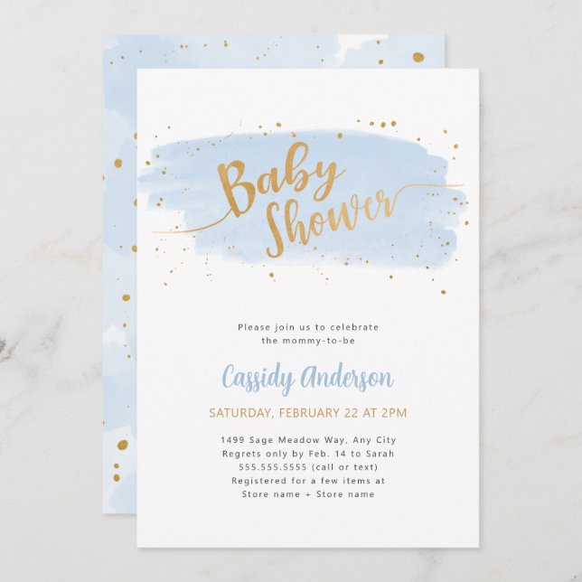 Blue and Gold Watercolor Baby Dusche Einladung (Vorne/Hinten)