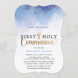 Blue and Gold Watercolor Boy First Heilige Kommune Einladung