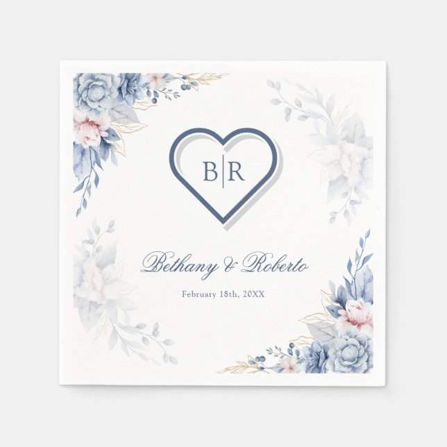 Blue and Gold Watercolor Floral Wedding Napkins Serviette (Vorderseite)