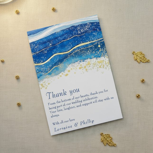 Blue and Gold Watercolor Wedding Danke Karte (Blue and Gold Watercolor Wedding Thank You card.)